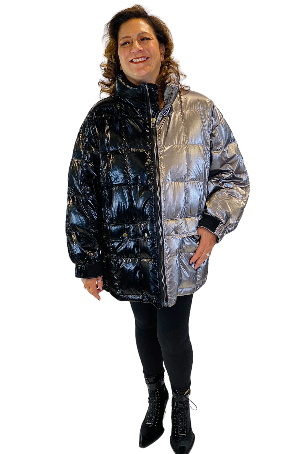 black and silver puffer coat by asparagus