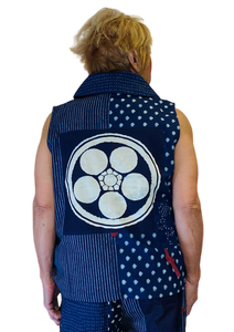 deep blue and white (with a touch of red) kasuri patch button front vest by pure fit