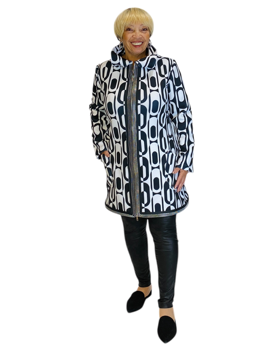 black & white neoprene coat w/ zippers by sohung designs