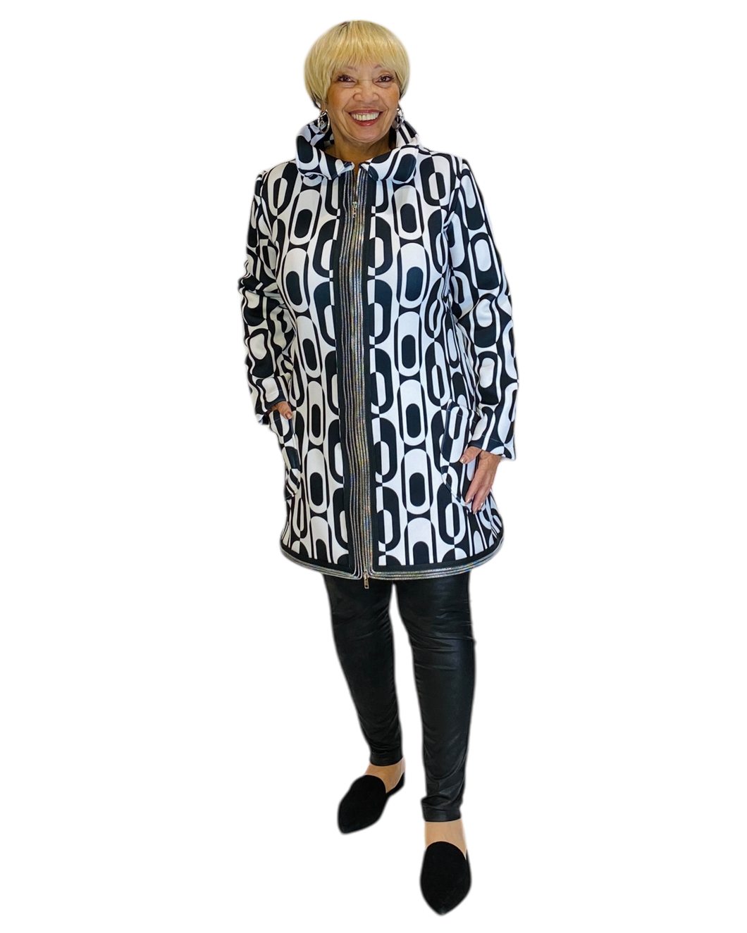 black & white neoprene coat w/ zippers by sohung designs