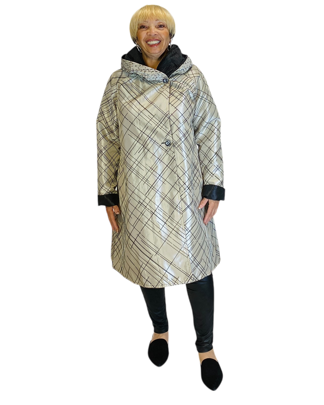 reversible flocked line print/black raincoat by ubu