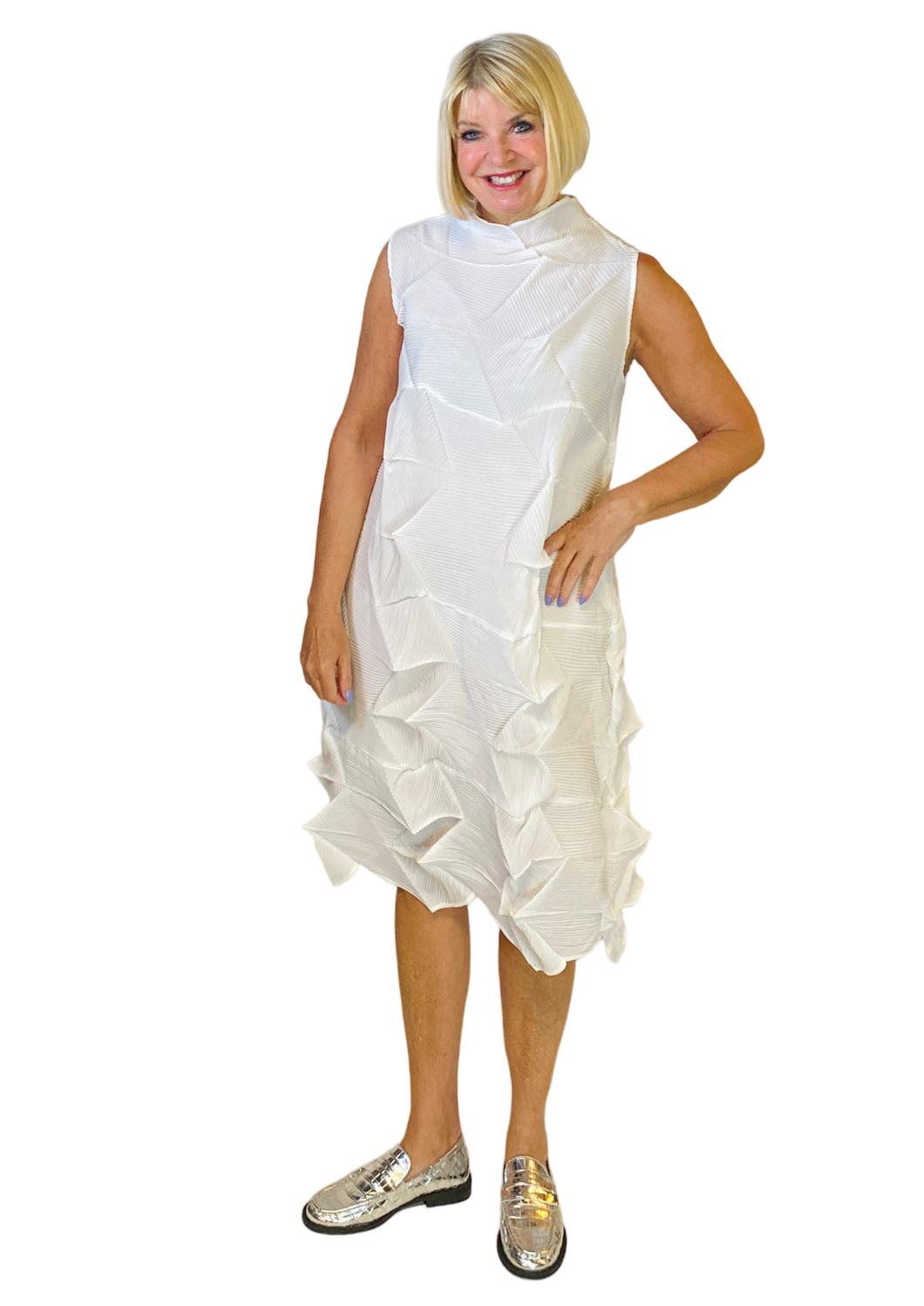 white sleeveless permanent square pleat dress from vanite couture