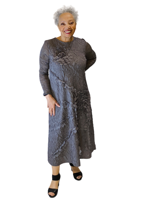 grey embossed texture floral dress by vanite couture