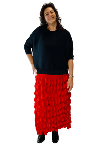 red popcorn texture skirt by vanite couture