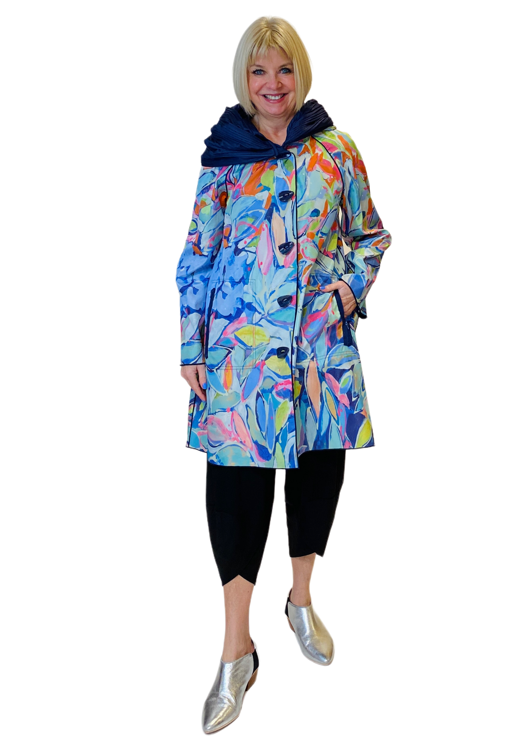 floral & navy reversible raincoat by claire desjardins